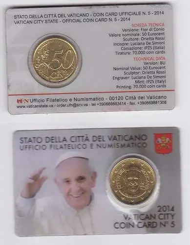 Vatikan 50 Euro Cent Münze 2014 Coincard No.5 Vatican City Euromünze (167438)