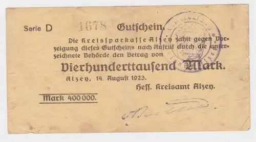 400000 Mark Banknote Inflation Kreissparkasse Alzey 14.8.1923 RAR (140366)