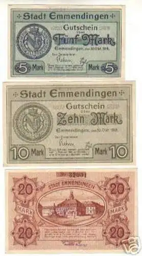 3 seltene Banknote Stadt Emmendingen 5,10,20 Mark 1918