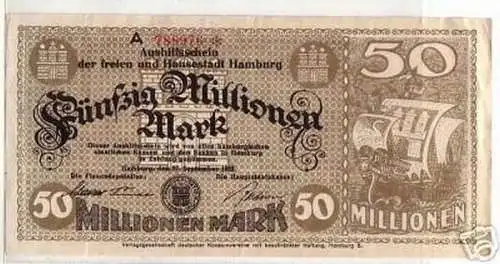 Banknote Inflation 50 Millionen Stadt Hamburg 1923