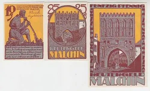 kompl. Serie mit 3 Banknoten Notgeld Reutergeld der Stadt Malchin um 1922