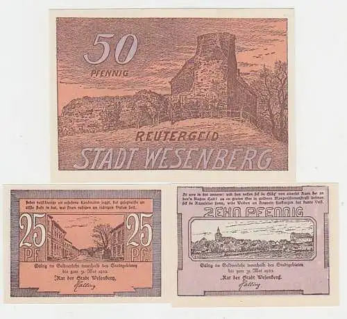 kompl. Serie mit 3 Banknoten Notgeld Reutergeld der Stadt Wesenberg um 1922