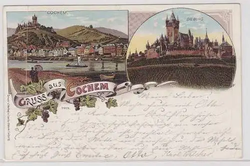 91592 Lithographie Ak Gruss aus Cochem - Totalansicht und Burg 1897