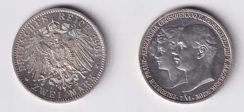 2 Mark Silber Münze Mecklenburg Schwerin Hochzeit 1904 Stgl. (165399)