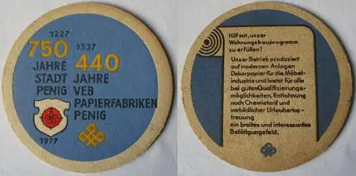 Bierdeckel DDR-Gebiet 750 Jahre Stadt Penig VEB Papierfabriken 1977 (162228)