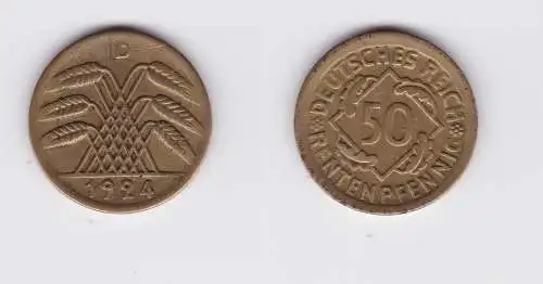 50 Rentenpfennig Messing Münze Weimarer Republik 1924 D Jäger 310 (124345)