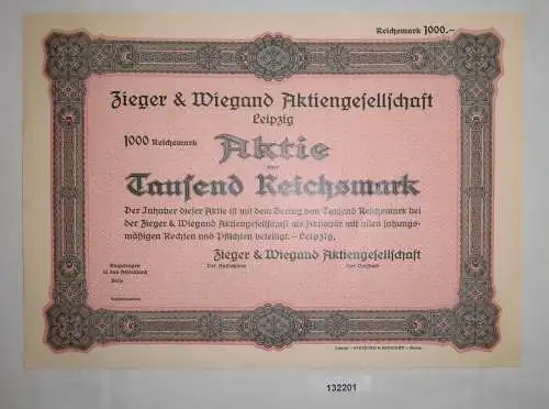 1000 Reichsmark Aktie Zieger & Wiegand AG Leipzig um 1930 (132201)