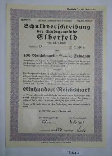 100 RM Schuldverschreibung Stadtgemeinde Elberfeld 1. Oktober 1928 (132374)