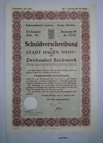 200 Reichsmark Schuldverschreibung Stadt Hagen 25.August 1928 (131732)