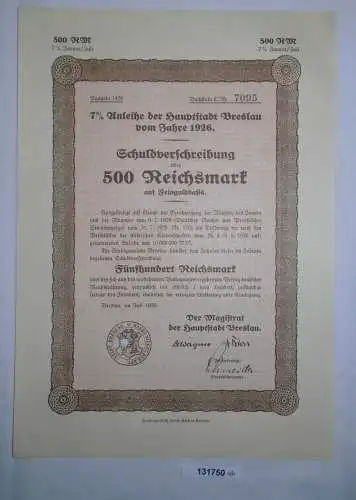 500 Reichsmark Schuldverschreibung Hauptstadt Breslau Juli 1926 (131750)