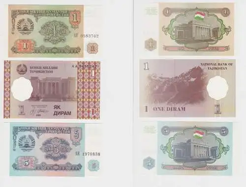 2x 1 + 5 Dirams Banknote Tadschikistan 1994 + 1999 kassenfrisch UNC (138869)