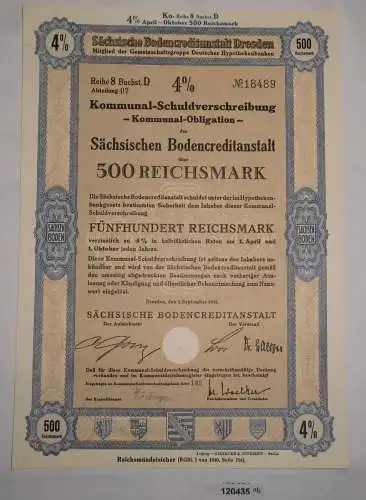 500 Reichsmark Schuldverschreibung Sächsische Bodencreditanstalt 1943 (120435)