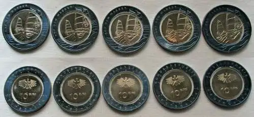 5x 10 Euro Deutschland 2021 Auf dem Wasser Luft bewegt Niob Polymer A-J (154067)