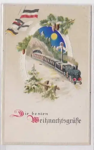 98939 geprägte Ak Die besten Weihnachtsgrüße: Eisenbahn fährt aus Tunnel 1915