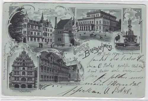 93827 Mondschein AK Gruss aus Braunschweig - Hof-Theater, Gewandhaus & Brunnen