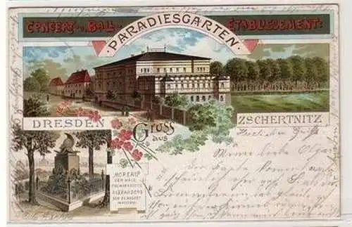 57532 Ak Lithographie Gruß aus Dresden Zschernitz Paradiesgarten 1899