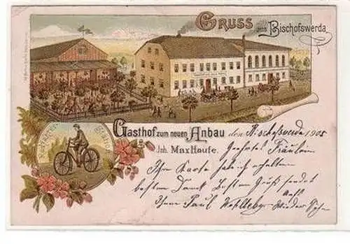 57479 Ak Lithografie Gruss aus Bischofswerda Gasthof zum neuen Anbau 1905