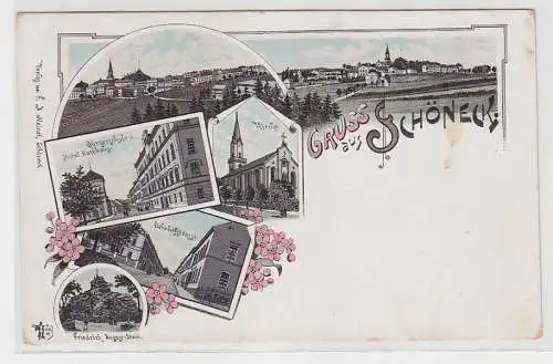 71089 Ak Lithographie Gruss aus Schöneck Bürgerschule usw. um 1900