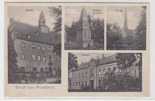 68417 Mehrbild Ak Gruß aus Prießnitz Schloß, Kirche, Schule, Kriegerdenkmal