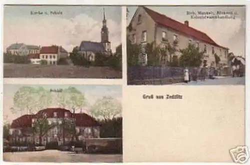 06907 Ak Gruß aus Zedlitz Bäckerei usw. um 1920