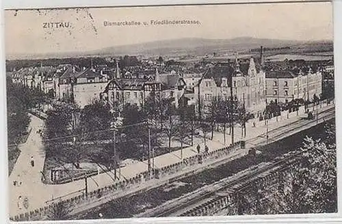 62944 AK Zittau Bismarckallee und Friedländerstrasse mit Gleisanlage 1916