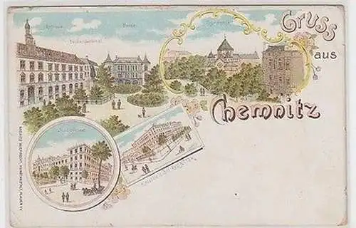 63081 Ak Lithographie Gruß aus Chemnitz mit Synagoge um 1900