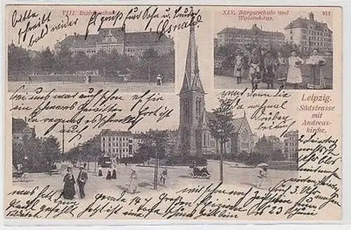 63071 Ak Leipzig Südstraße mit Andreaskirche, Bezirksschule, Bürgerschule 1908