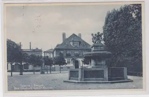 90843 Ak Ölsnitz im Erzgebirge neue Schule & Rudolph Brunnen 1931