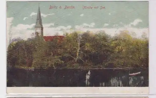 82335 AK Britz bei Berlin - Kirche mit See um 1900