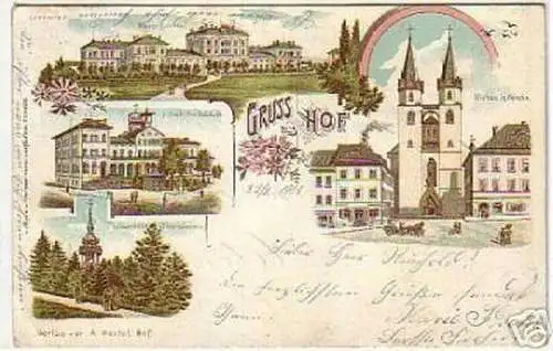 09997 Ak Lithographie Gruss aus Hof Bahnhof 1900