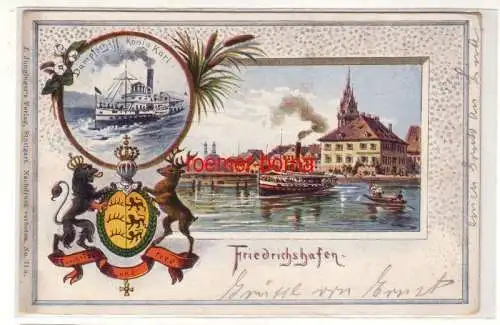 79339 Ak mit Wappen Friedrichshafen mit Dampfschiff König Karl 1900