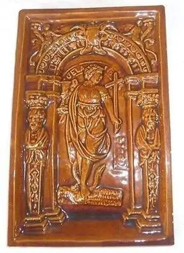 altes Wandbild Relief aus Steingut religiöses Motiv