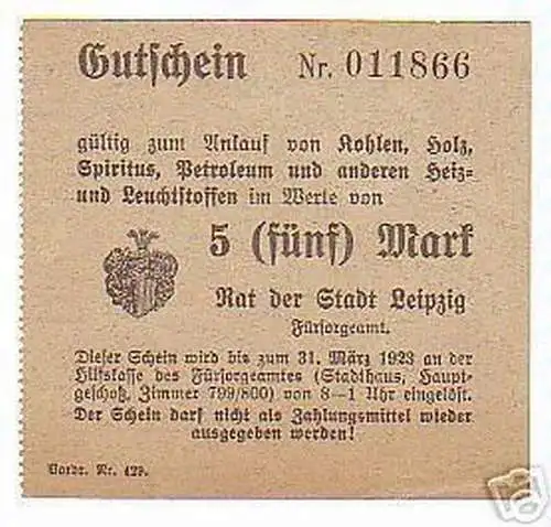 Rarer Gutschein für Heizmittel 5 Mark Leipzig 1923