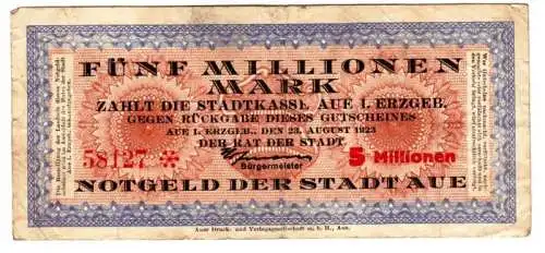 5 Millionen Mark Inflation Stadtkasse Aue Erzgebirge 23.8.1923 (102503)