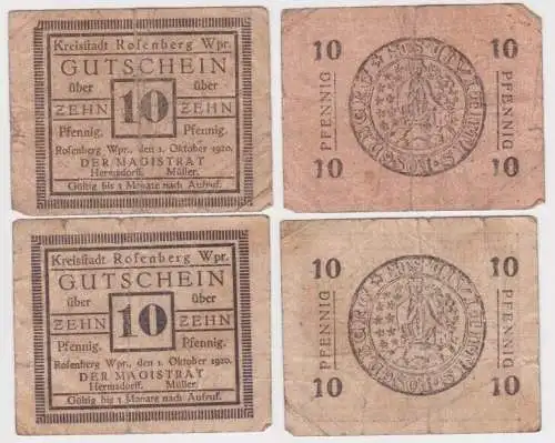 2 x 10 Pfennig Banknoten Notgeld Kreisstadt Rosenberg Wpr. 1.10.1920 (119056)