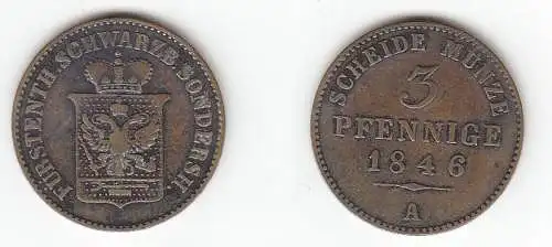 3 Pfennig Kupfer Münze Schwarzburg Sondershausen 1846 A ss-