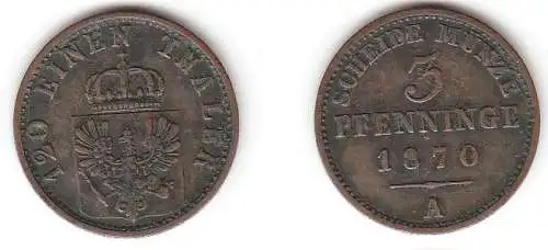 3 Pfennige Kupfer Münze Preussen 1870 A sehr schön