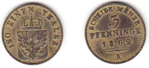 3 Pfennige Kupfer Münze Preussen 1862 A ss