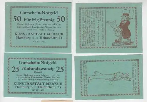 25 & 50 Pfennig Banknoten Notgeld Hamburg Kunstanstalt Merkur 1920 (116242)