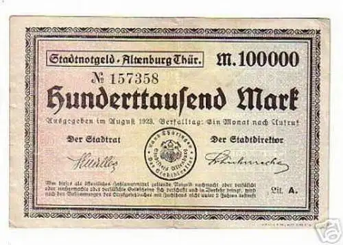 rare Banknote Inflation Altenburg 100000 Mark 1923