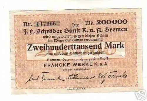 seltene Banknote Inflation 200000 Mark Francke Werke