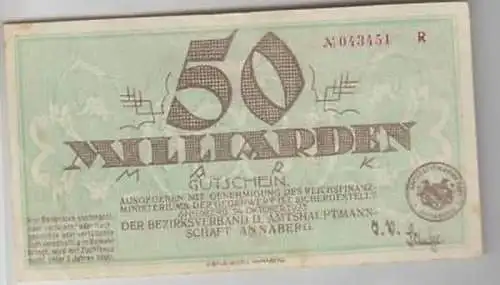 Banknote Inflation 50 Milliarden Mark Annaberg 1923