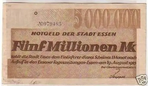 Banknote Inflation 5 Millionen Mark Stadt Essen 1923