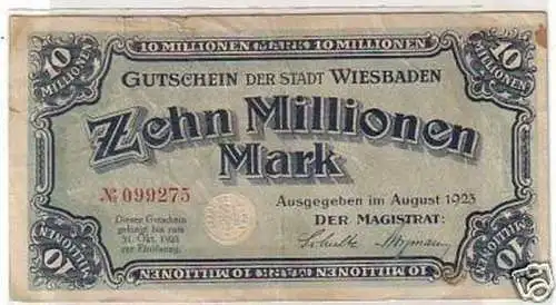 Banknote Inflation 10 Mill. Mark Stadt Wiesbaden 1923