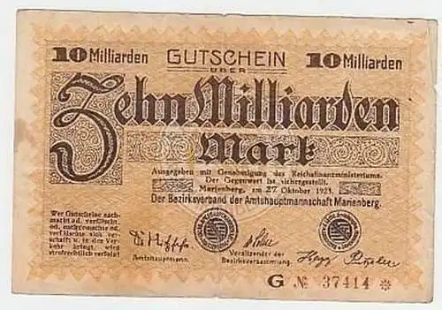 Banknote Inflation 10 Milliarden Mark Marienberg 1923