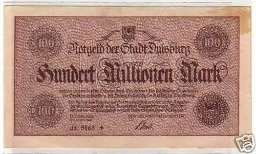 Banknote Inflation 100 Mill. Mark Stadt Duisburg 1923