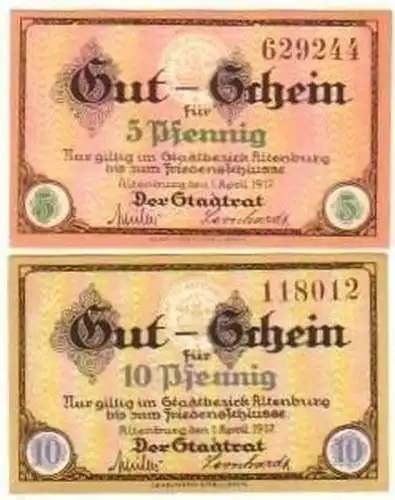 2 kassenfrische Banknoten Notgeld Stadt Altenburg 1917