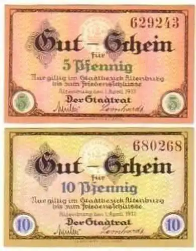 2 kassenfrische Banknoten Notgeld Stadt Altenburg 1917