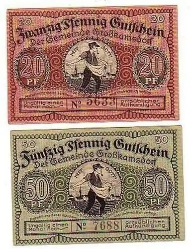 2 Banknoten Notgeld Gemeinde Großkamsdorf 1921