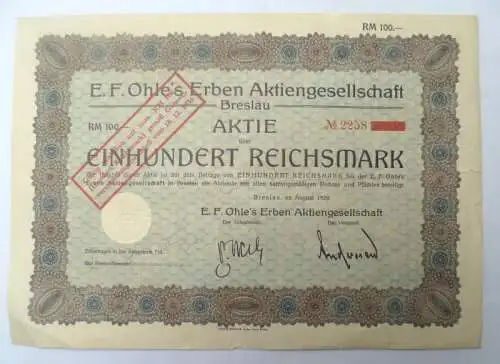 Alte Aktie 100 Mark E.F. Ohles Erben Aktiengesellschaft Breslau 1929